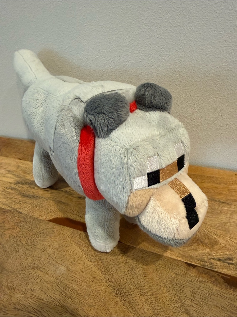 Plush Gray Dog Toy with Red Collar – Soft Block-Style Pet Plush